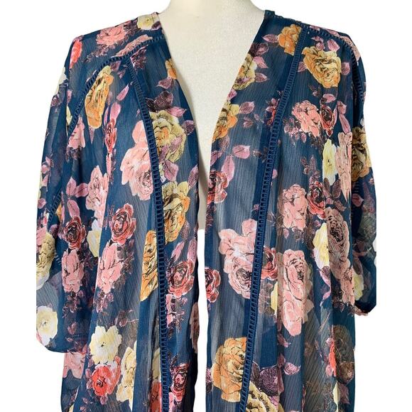 Womens Kimono Duster Sheer Blue Pink Floral Open Front Size Small Boho Fairy - Picture 2 of 7